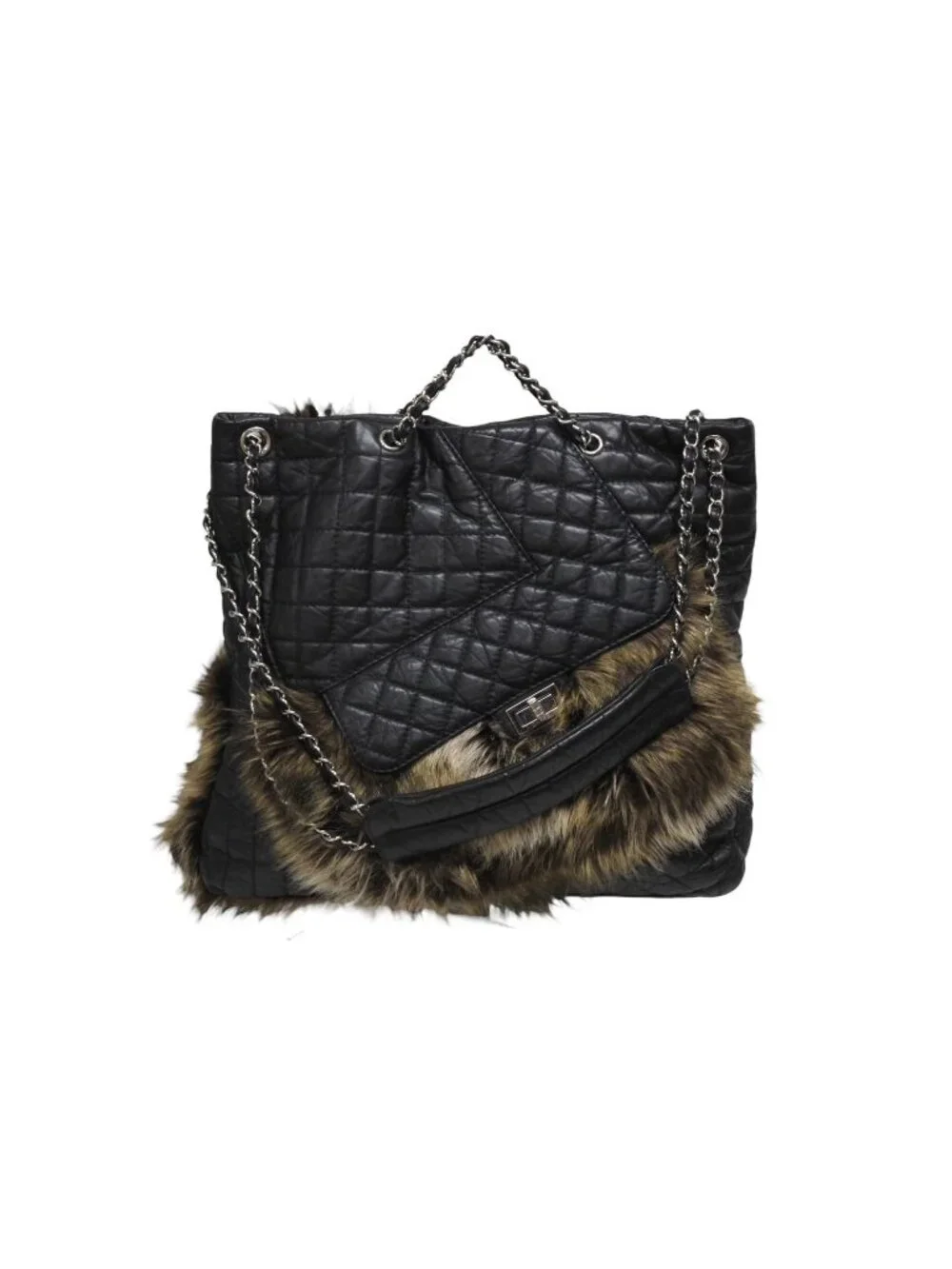 Chanel 2-Way Bag 2.55 CC Logo Calfskin Faux Fur Black Silver